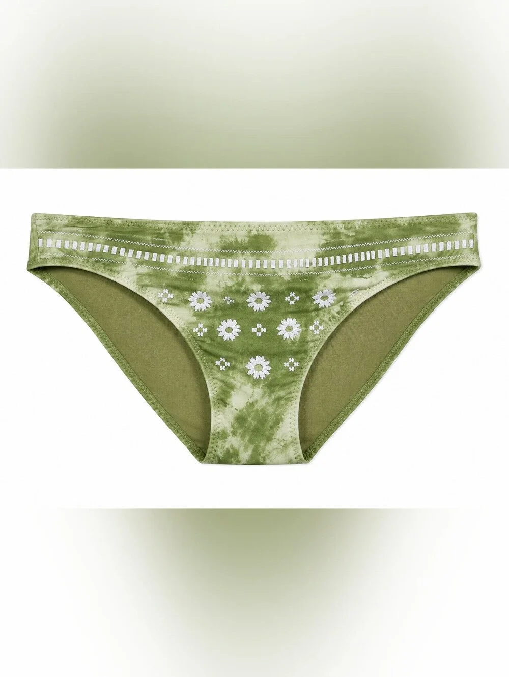 NWT Aerie Green Tie Dye Daisy Embroidered Bikini Bottom Size L Swim Boho Earthy